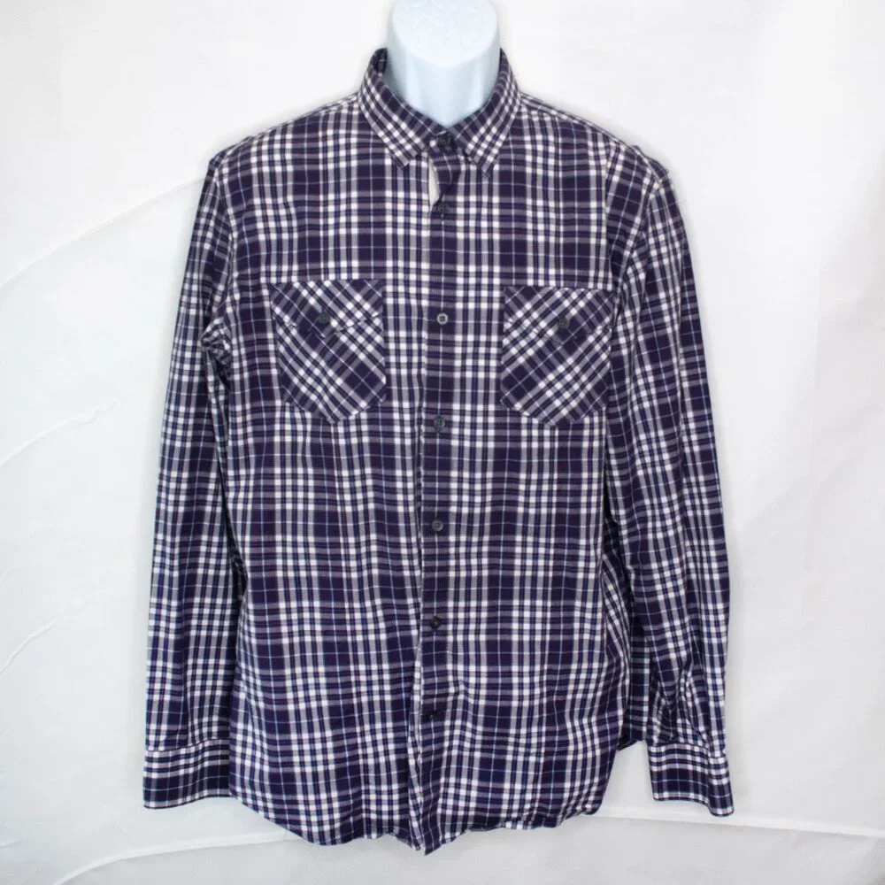 Banana Republic Plaid Button Down Shirt Mens L Large 16 Purple Long Sleeve LL09